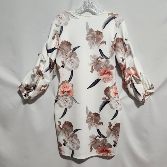 KTOO White Floral Printed Body Con Cocktail Dress with Puffy Sleeves Size L - Picture 2 of 12